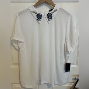 Eloquii women’s White Short Sleeve Shirt with Blue Green Jeweled Collar new